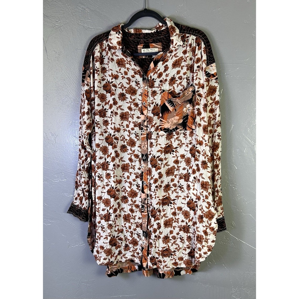 Women's Free People Blouse Fall Colors Oversized Size L Tunic Viscose Boho Hippy